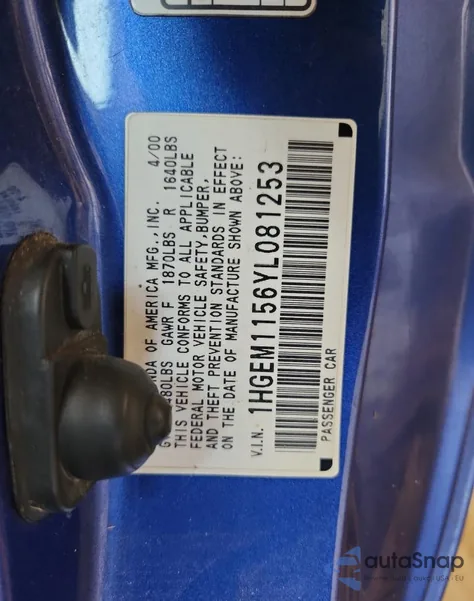 2000 Honda Civic Si из США, поврежденный, VIN 1HGEM1156YL081253